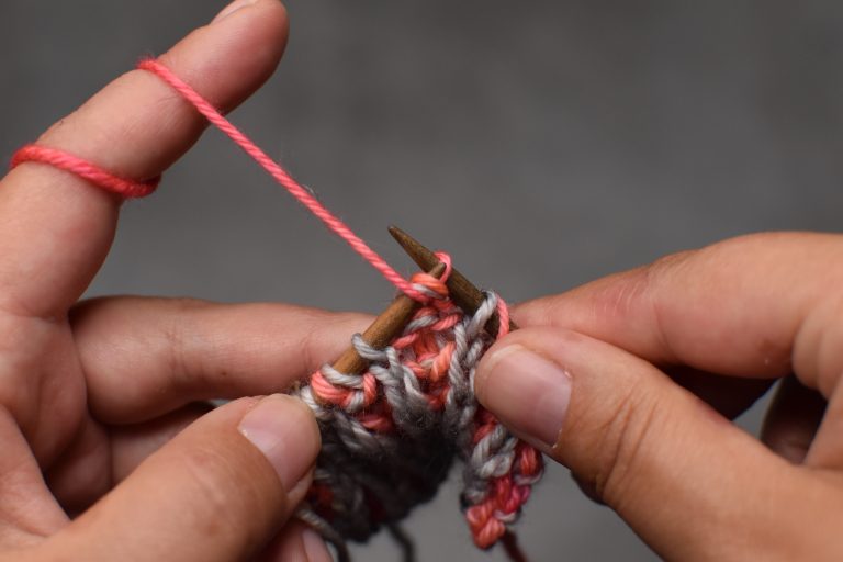 Step 1: Brioche purl stitch, but leave it on the left-hand needle.